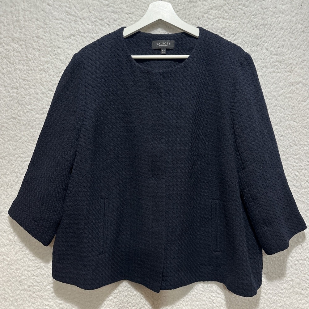 Talbots Women's Jacket Size 18 Navy‎ Blue Textured Cropped with 3/4 Sleeves